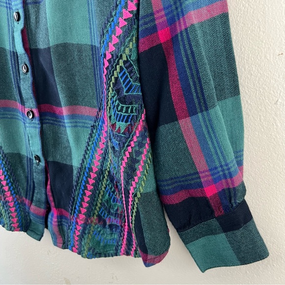 NWOT Tolani Collection Anthropologie Plaid Neon Floral Embroidered Button Down - Picture 8 of 13